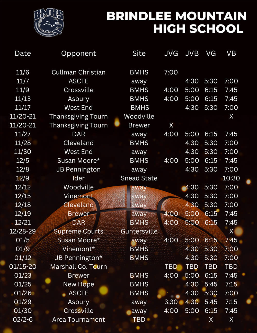 BMHS High School Basketball Schedule